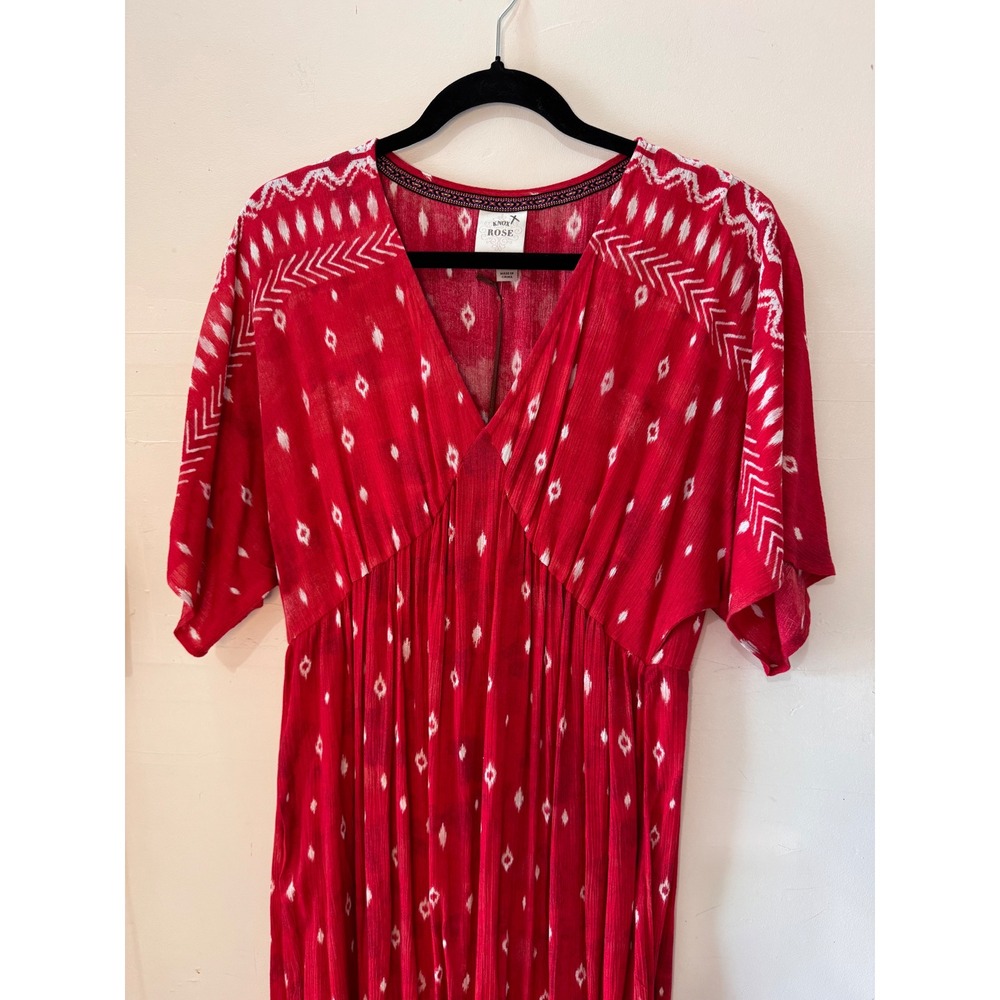 NWT Knox Rose Maxi Dress Women S Red V-Neck Ikat Print Short Sleeve‎ Boho Flowy
